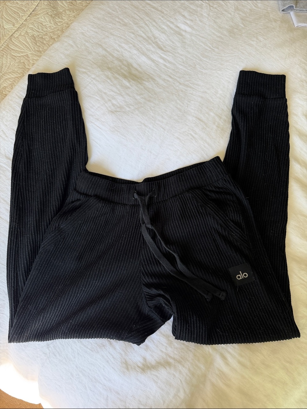 ALO Yoga Black Ribbed Track Joggers with Drawstring